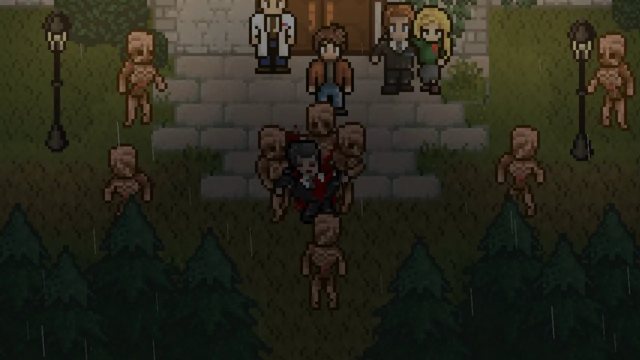 Mansion steps with a crowd in the original Dead of Darkness