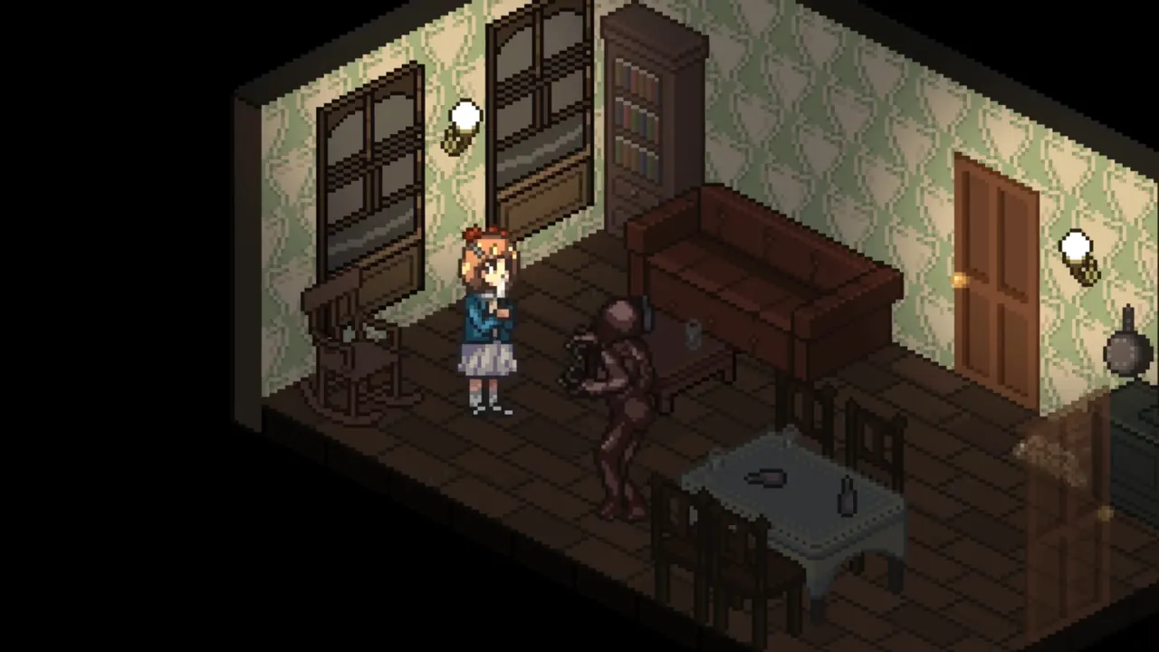 Girl in a blue dress in a living room in Dead of Darkness 2