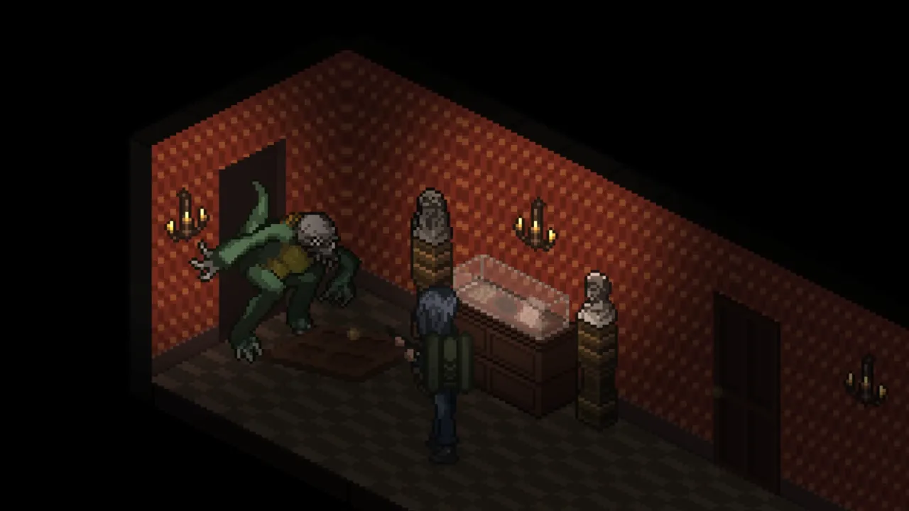 Red wallpaper room with a hunched creature in Dead of Darkness 2